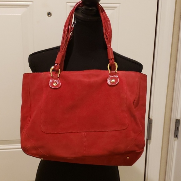 Red suede and patent leather hand bag - Picture 2 of 8